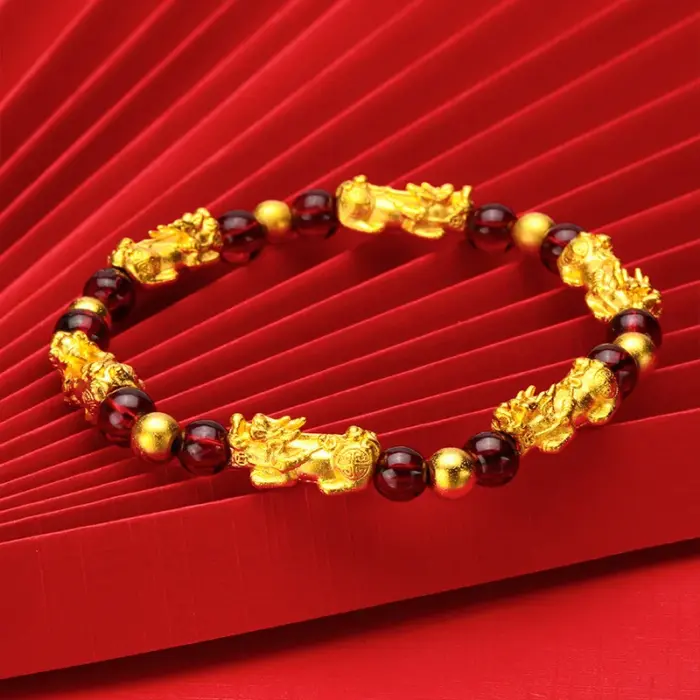 Women's 24K Gold (AU999) Pi Xiu Prayer Bead Bracelet | Matte-Gilt Two-Tone Pi Xiu, Chiseled Heart Sutra on Fortune Beads 4 Women's 24K Gold (AU999) Pi Xiu Prayer Bead Bracelet | Matte-Gilt Two-Tone Pi Xiu, Chiseled Heart Sutra on Fortune Beads 4