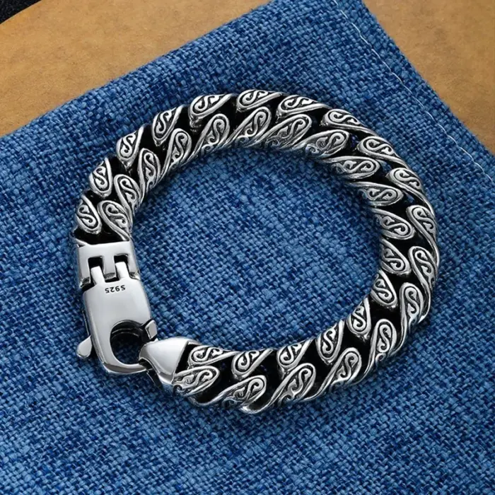 Real S925 Sterling Silver personality Tang grass pattern men's and women's retro hip Hop bracelet fashion certified jewelry gift 3 Real S925 Sterling Silver personality Tang grass pattern men's and women's retro hip Hop bracelet fashion certified jewelry gift 3