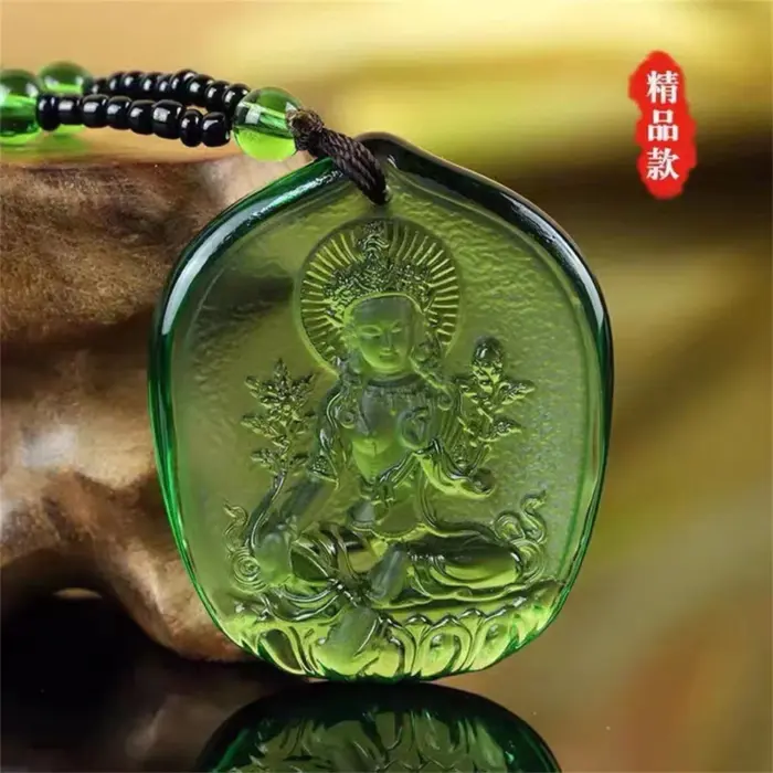 Ice Green Crystal Carved Lotus GuanYin Buddhism Lucky Amulet Pendant Charm Tibetan Buddha Religion Beads Necklaces Jewelry Gift 5