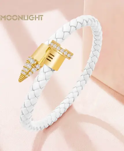 MOONLIGHT Genuine Braided Leather Bracelet for Woman High Quality Classic Cubic Zirconia Nail Bracelet Female Jewelry Gifts 2