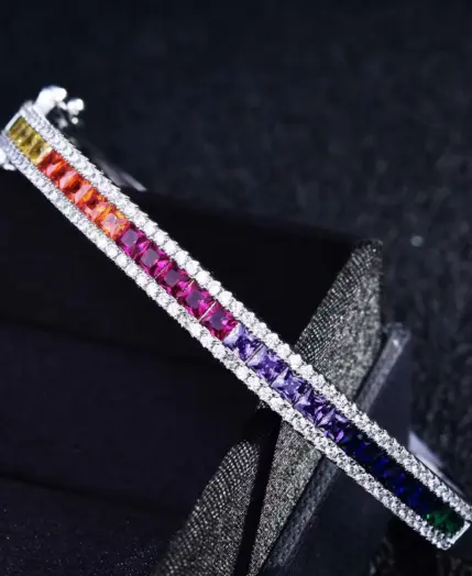 Platinum Plated Cuff Bracelet Cubic Zirconia Rainbow Gradient Jewelry Gift for Women Her Wedding Anniversary Luxury Jewelry 1