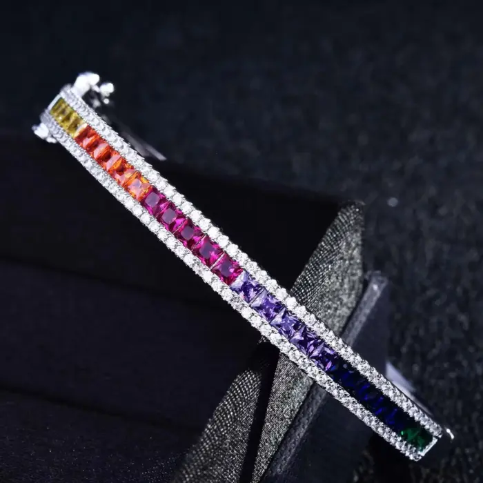 Platinum Plated Cuff Bracelet Cubic Zirconia Rainbow Gradient Jewelry Gift for Women Her Wedding Anniversary Luxury Jewelry 1