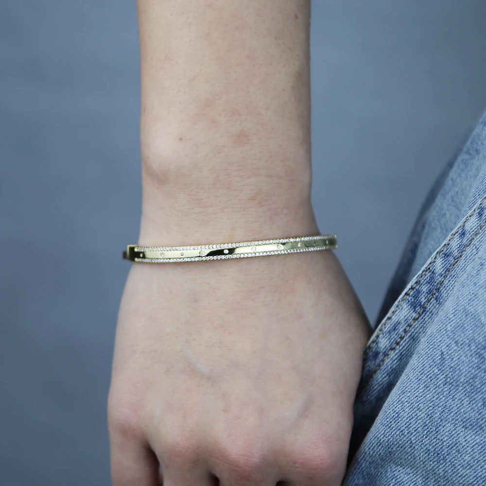Gold Color Inner 58-60mm Bangle Bracelet For Women European Classic Fashion Micro Pave CZ Star Fashion Jewelry