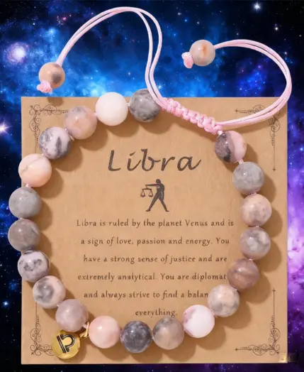 Libra Pink Zebra Stone Beads Bracelet 12 Zodiac Constellation Signs Charm Braided Bracelets for Women Birthday Gift Jewelry 1