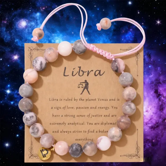 Libra Pink Zebra Stone Beads Bracelet 12 Zodiac Constellation Signs Charm Braided Bracelets for Women Birthday Gift Jewelry 1