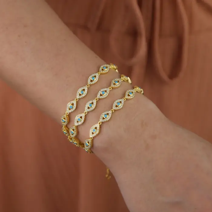 15+4cm gold color filled micro pave cz lovely turkish evil eye charm beads linked bracelet for girl women fashion jewelry 6