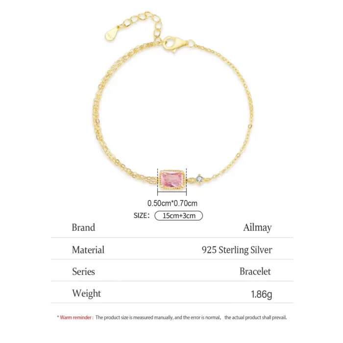 Ailmay 925 Sterling Silver Mini Rectangular Pink Zircon Exquisite Chain Bracelets For Women Girl Holiday Or Anniversary Gold Pla 5