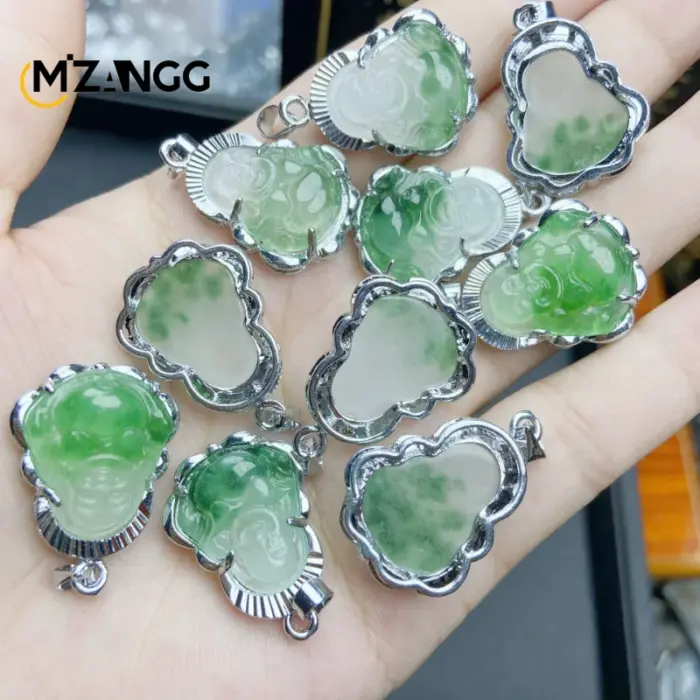 925 Silver Inlaid Jade Buddha Necklace Jadeite Ice Mini Maitreya Buddha Personalized Pendant Lucky Amulet 6