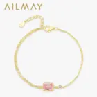 Ailmay 925 Sterling Silver Mini Rectangular Pink Zircon Exquisite Chain Bracelets For Women Girl Holiday Or Anniversary Gold Pla 1