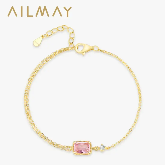 Ailmay 925 Sterling Silver Mini Rectangular Pink Zircon Exquisite Chain Bracelets For Women Girl Holiday Or Anniversary Gold Pla 1