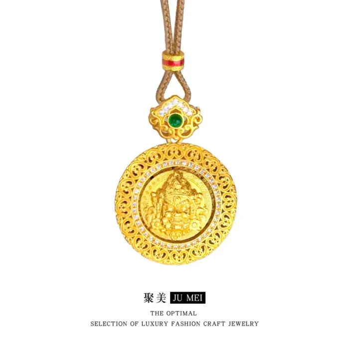 New Chinese style 9999 24K real gold hollow filament point diamond rotatable yellow wealth god compass pendant rope necklace 5
