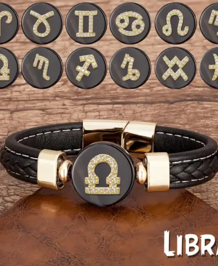 New 12 Constellations Zodiac Sign Bracelet Black Leather Natural Stone Men Bracelets Aries Leo Horoscope Jewelry Christmas Gifts 1