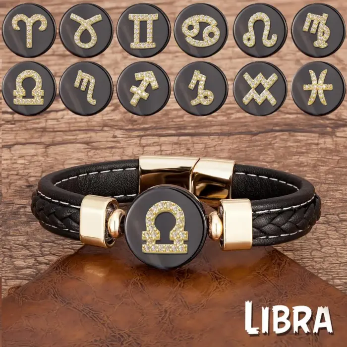 New 12 Constellations Zodiac Sign Bracelet Black Leather Natural Stone Men Bracelets Aries Leo Horoscope Jewelry Christmas Gifts 1