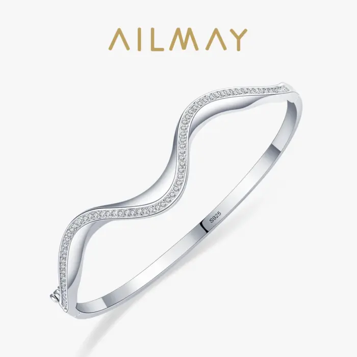 Ailmay Solid 925 Sterling Silver Irregular New Fashion Simple Wave Line Bracelets Clear Zircon Europe Wedding Engagement Jewelry 1