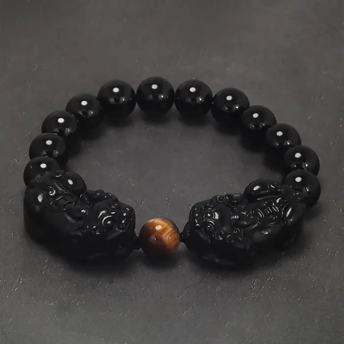 Natural Obsidian Stone Beads Pixiu Bracelet for Men Black/Gold Obsidian Vintage Chinese Fengshui Wealth and Luck Jewelry 2 Natural Obsidian Stone Beads Pixiu Bracelet for Men Black/Gold Obsidian Vintage Chinese Fengshui Wealth and Luck Jewelry 2