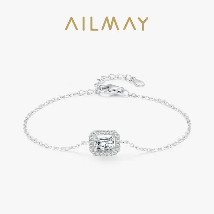 Ailmay 925 Sterling Silver Luxury Dazzling Rectangle1Ct Zirconia Link Chain Charm Bracelet For Women Wedding Engagement Jewelry 1