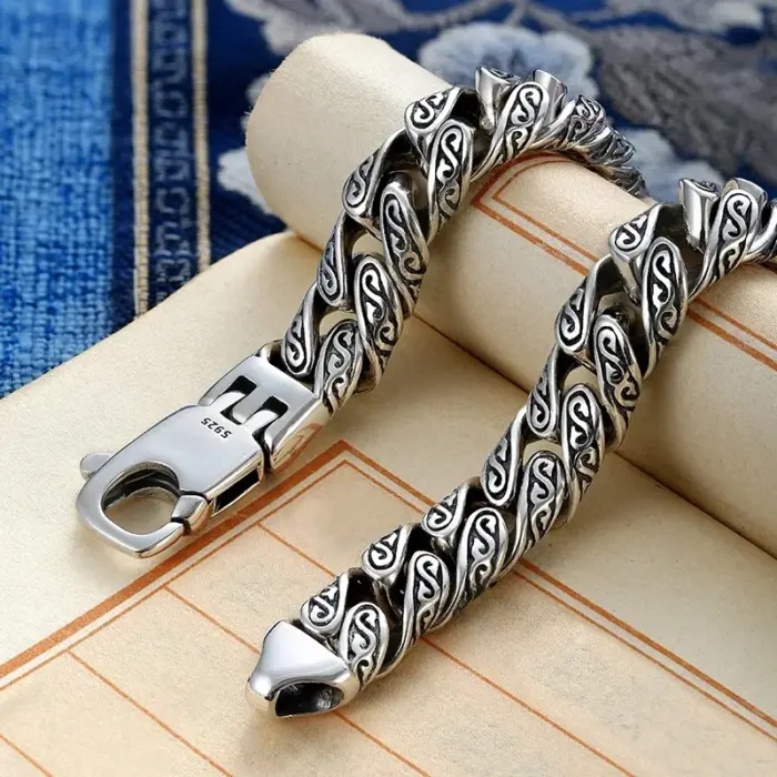 Real S925 Sterling Silver personality Tang grass pattern men's and women's retro hip Hop bracelet fashion certified jewelry gift 5 Real S925 Sterling Silver personality Tang grass pattern men's and women's retro hip Hop bracelet fashion certified jewelry gift 5