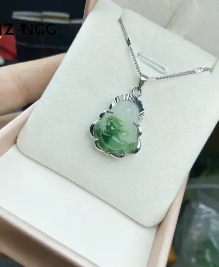 925 Silver Inlaid Jade Buddha Necklace Jadeite Ice Mini Maitreya Buddha Personalized Pendant Lucky Amulet 3