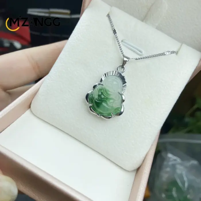 925 Silver Inlaid Jade Buddha Necklace Jadeite Ice Mini Maitreya Buddha Personalized Pendant Lucky Amulet 3