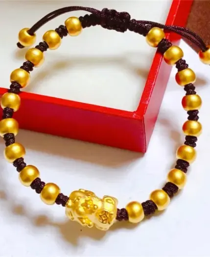 Chinese Pixiu Lucky Bead Gold Bracelet! 24K Gold AU999 Women's, Translucent Beads + Matte Pixiu, Adjustable Cord, Birth Year 1