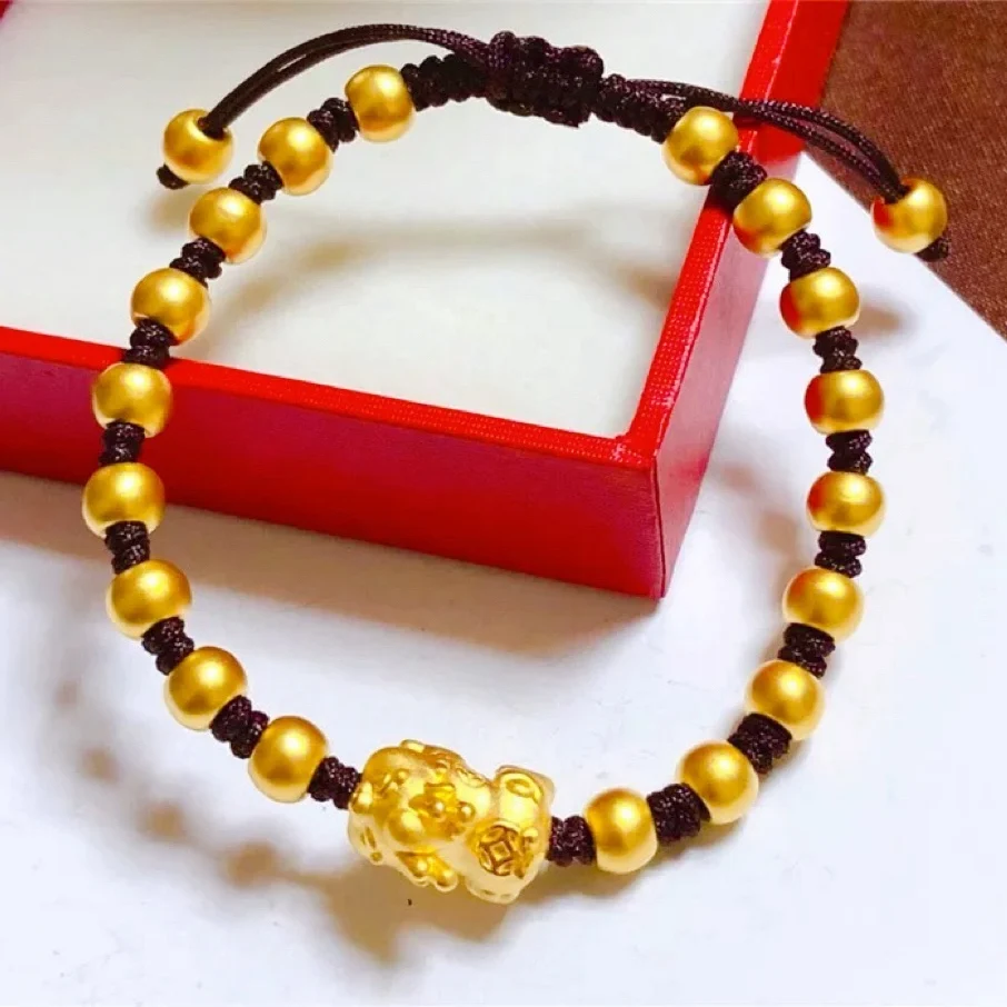 Chinese Pixiu Lucky Bead Gold Bracelet! 24K Gold AU999 Women's, Translucent Beads + Matte Pixiu, Adjustable Cord, Birth Year