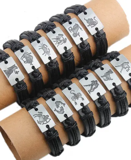 12pcs/Set 12 Zodiac Signs Bracelet for Men Women Virgo Libra Scorpio Taurus Bracelet Mens Leather Bracelets Fashion Jewelry 1