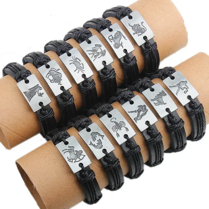 12pcs/Set 12 Zodiac Signs Bracelet for Men Women Virgo Libra Scorpio Taurus Bracelet Mens Leather Bracelets Fashion Jewelry 1