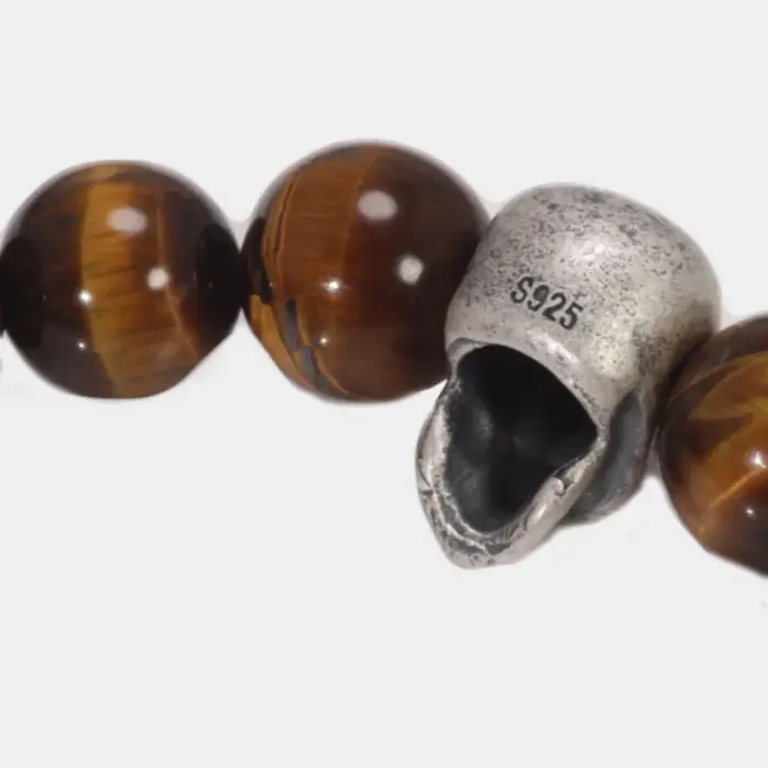 Vintage 925 Sterling Silver Skull Beaded Bracelet Natural Tiger Eye Agate Stone Beads Men Women Couple Fine Jewelry 5