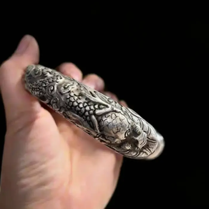 Mai Chuang/Tibetan Silver Chinese Zodiac Embossed Dragon and Phoenix Bangle Accessories Exquisite for Men and Women Couple Gift 3