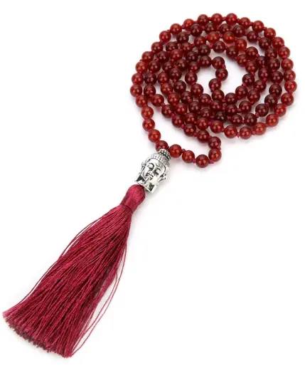 8mm Natural Carnelian Beaded Knotted Necklace Meditation Yoga Blessing Jewelry 108 Japamala Rosary Buddha Head Pendant 6