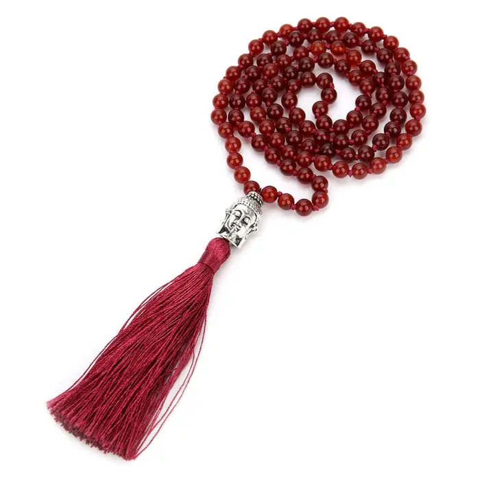8mm Natural Carnelian Beaded Knotted Necklace Meditation Yoga Blessing Jewelry 108 Japamala Rosary Buddha Head Pendant 6