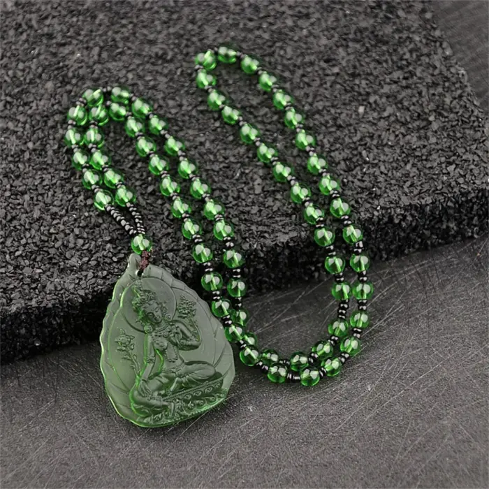 Ice Green Crystal Carved Lotus GuanYin Buddhism Lucky Amulet Pendant Charm Tibetan Buddha Religion Beads Necklaces Jewelry Gift 4