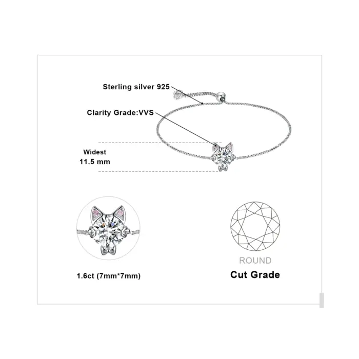 JewelryPalace New Arrival Love Cat 1.7ct Round Gemstone 925 Sterling Silver Adjustable Link Bracelet for Woman Fine Jewelry Gift 5