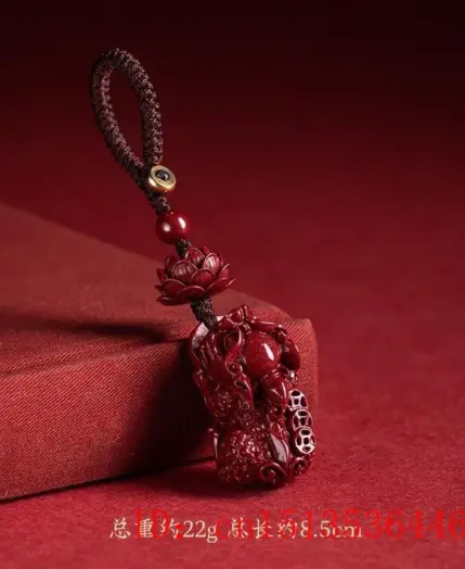 Customized Cinnabar Lotus Pixiu Key Chain Organic Jewellery Carved Fashion Chinese Charm Gifts Amulet Bag Buckle Pendant Red 3