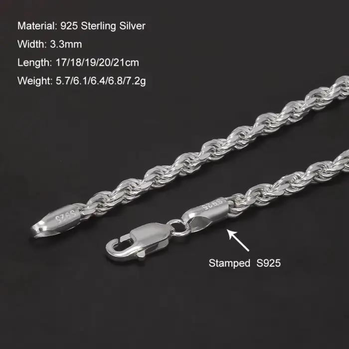 3.3mm 925 Sterling Silver Classic Twist Rope Chain Link Bracelet Unisex Diamond-Cut Braided Rope Bracelet Fashion Jewelry 4 3.3mm 925 Sterling Silver Classic Twist Rope Chain Link Bracelet Unisex Diamond-Cut Braided Rope Bracelet Fashion Jewelry 4
