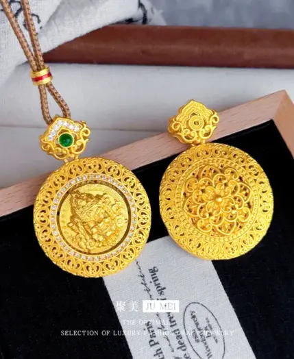 New Chinese style 9999 24K real gold hollow filament point diamond rotatable yellow wealth god compass pendant rope necklace 2