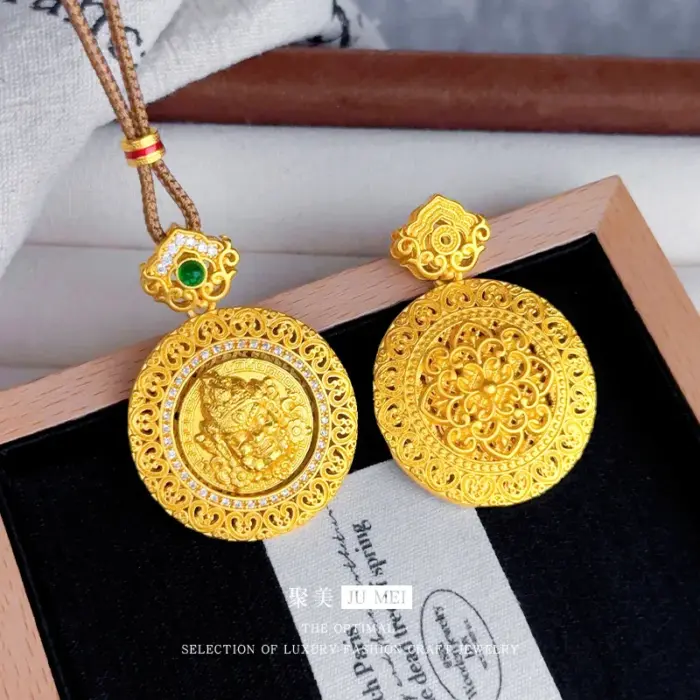 New Chinese style 9999 24K real gold hollow filament point diamond rotatable yellow wealth god compass pendant rope necklace 2