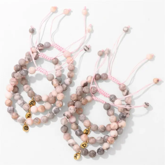 Libra Pink Zebra Stone Beads Bracelet 12 Zodiac Constellation Signs Charm Braided Bracelets for Women Birthday Gift Jewelry 6