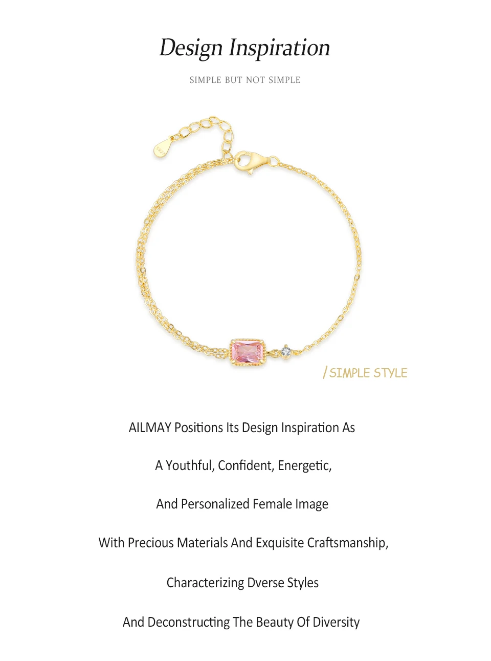 925 Sterling Silver Mini Rectangular Pink Zircon Exquisite Chain Bracelets For Women Girl Holiday Or Anniversary Gold Pla