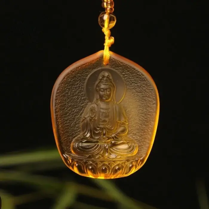 Chinese Yellow crystal Water Droplet Guanyin Bodhisattva Pendant Jewellery Fashion Hand-Carved Accessories DIY Women Man Amulet 1
