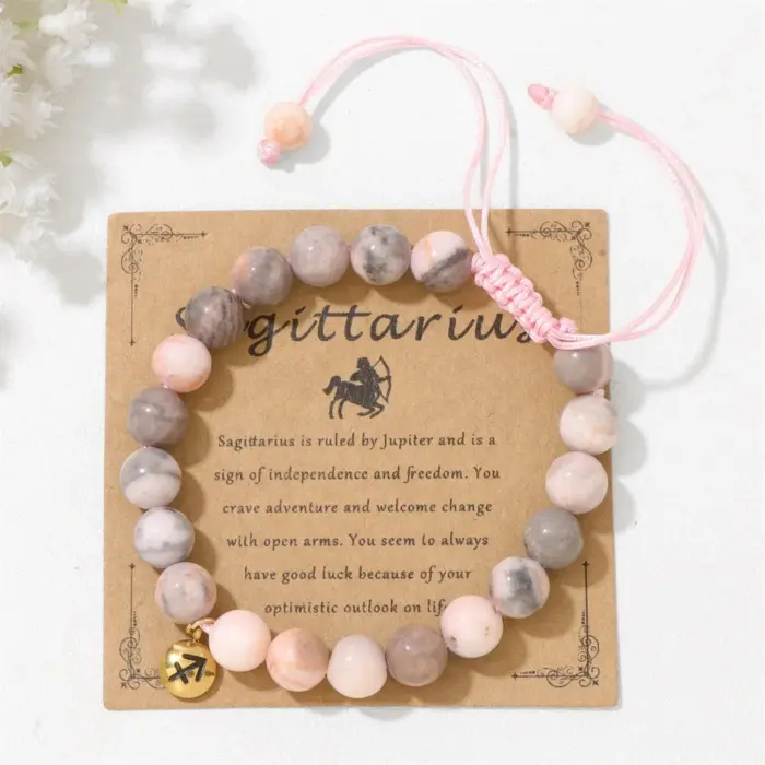 Libra Pink Zebra Stone Beads Bracelet 12 Zodiac Constellation Signs Charm Braided Bracelets for Women Birthday Gift Jewelry 5