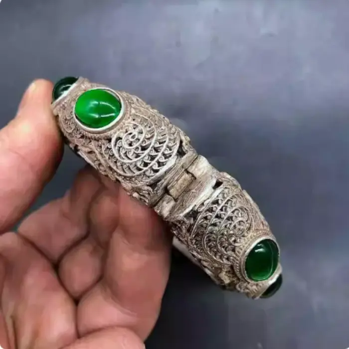 ancient Green Jade Inlaid Tibetan Silver Cuff Bracelet Fashion Personality Jewelry Double Dragon Skeleton Bangles Women 3