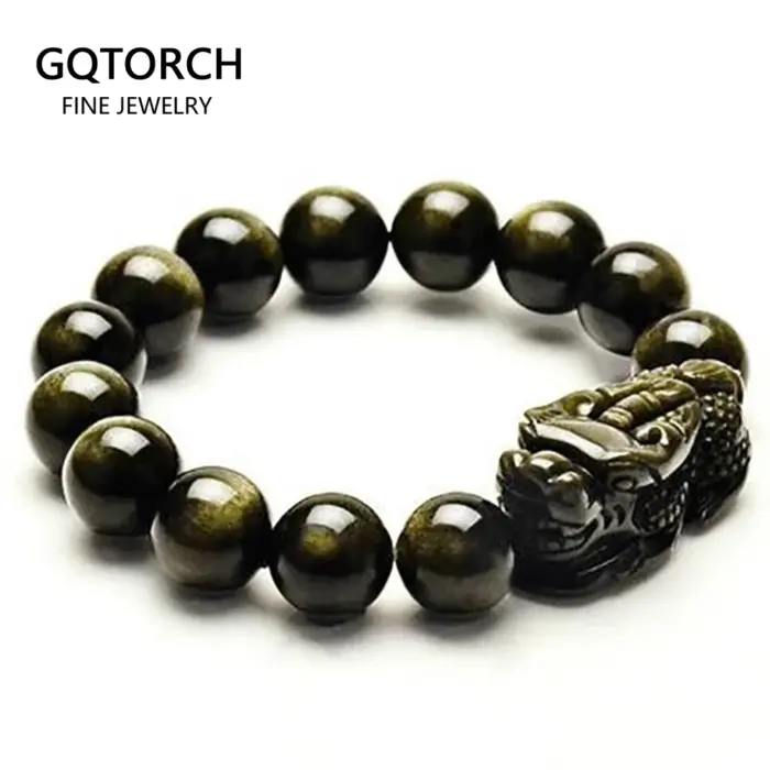 Natural Obsidian Beads Bracelet Gold Color Energy Stone Hand String Pixiu Lucky Brave Troops Women Men Jewelry 1