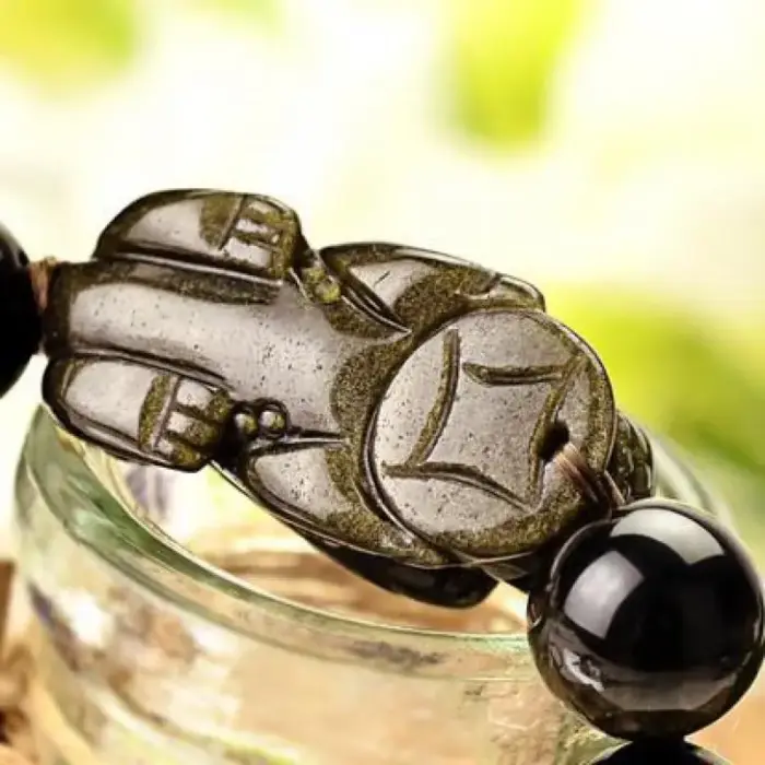 Natural Obsidian Beads Bracelet Gold Color Energy Stone Hand String Pixiu Lucky Brave Troops Women Men Jewelry 3