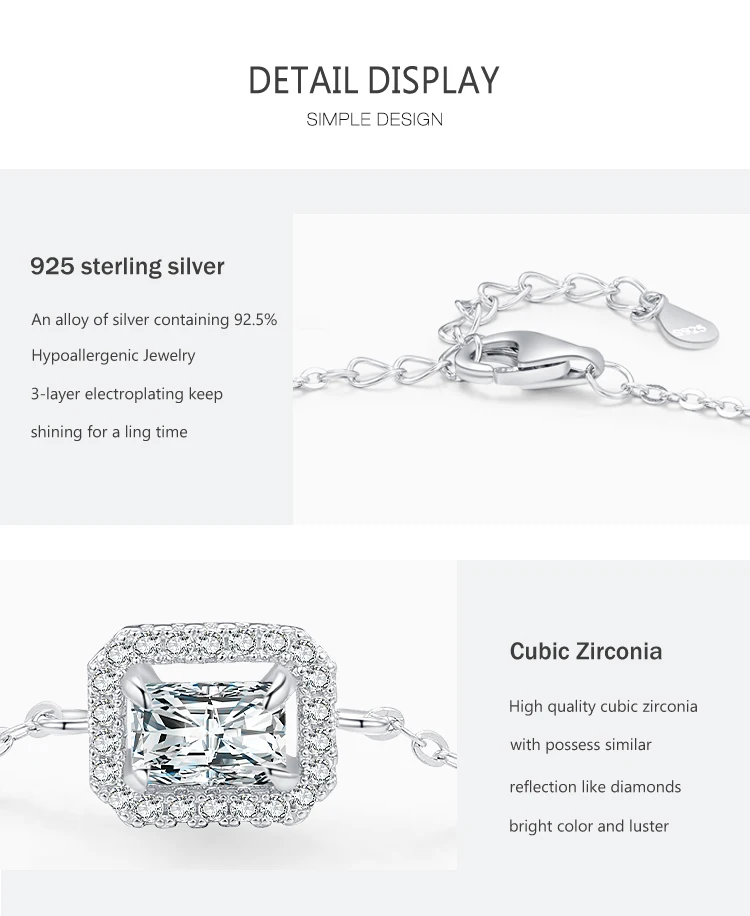 925 Sterling Silver Luxury Dazzling Rectangle1Ct Zirconia Link Chain Charm Bracelet For Women Wedding Engagement Jewelry