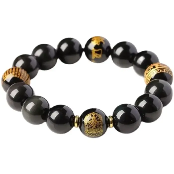 Natural Solving Tai Shui Obsidian Bracelet Zodiac Rabbit Manjusri Bodhisattva Hand String Good Luck Mascot for Men and Women's 4