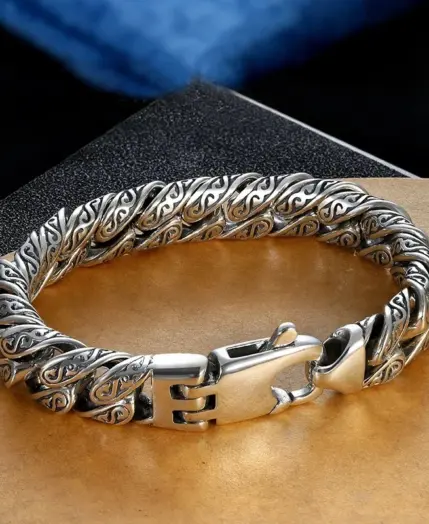 Real S925 Sterling Silver personality Tang grass pattern men's and women's retro hip Hop bracelet fashion certified jewelry gift 4