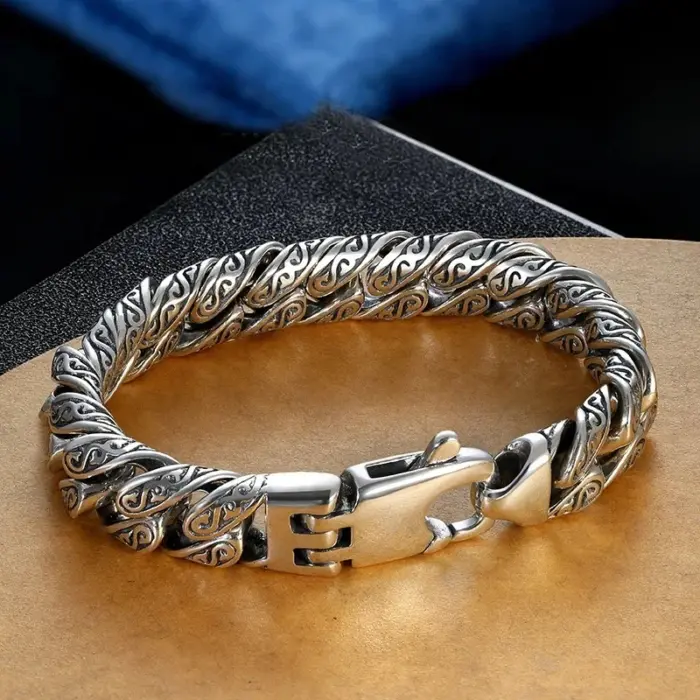 Real S925 Sterling Silver personality Tang grass pattern men's and women's retro hip Hop bracelet fashion certified jewelry gift 4 Real S925 Sterling Silver personality Tang grass pattern men's and women's retro hip Hop bracelet fashion certified jewelry gift 4