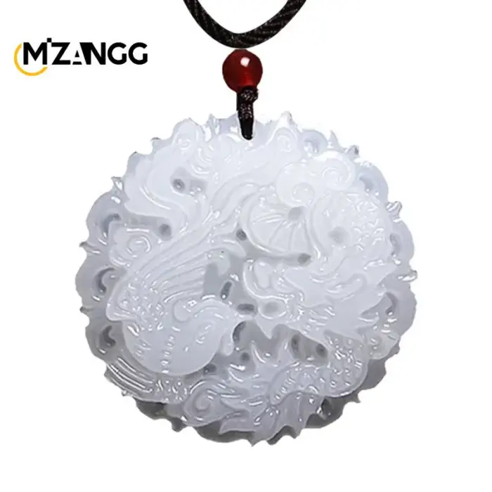 Chinese White Jade Dragon and Phoenix Jade Pendant Double-sided Hollow Carved Couple Necklace Lucky Amulet Gift for Men Women 5