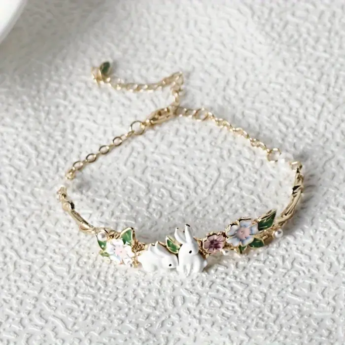 Cute bunny flower bracelet, pearl zodiac animal bracelet, cute, kawaii, Easter gift 4